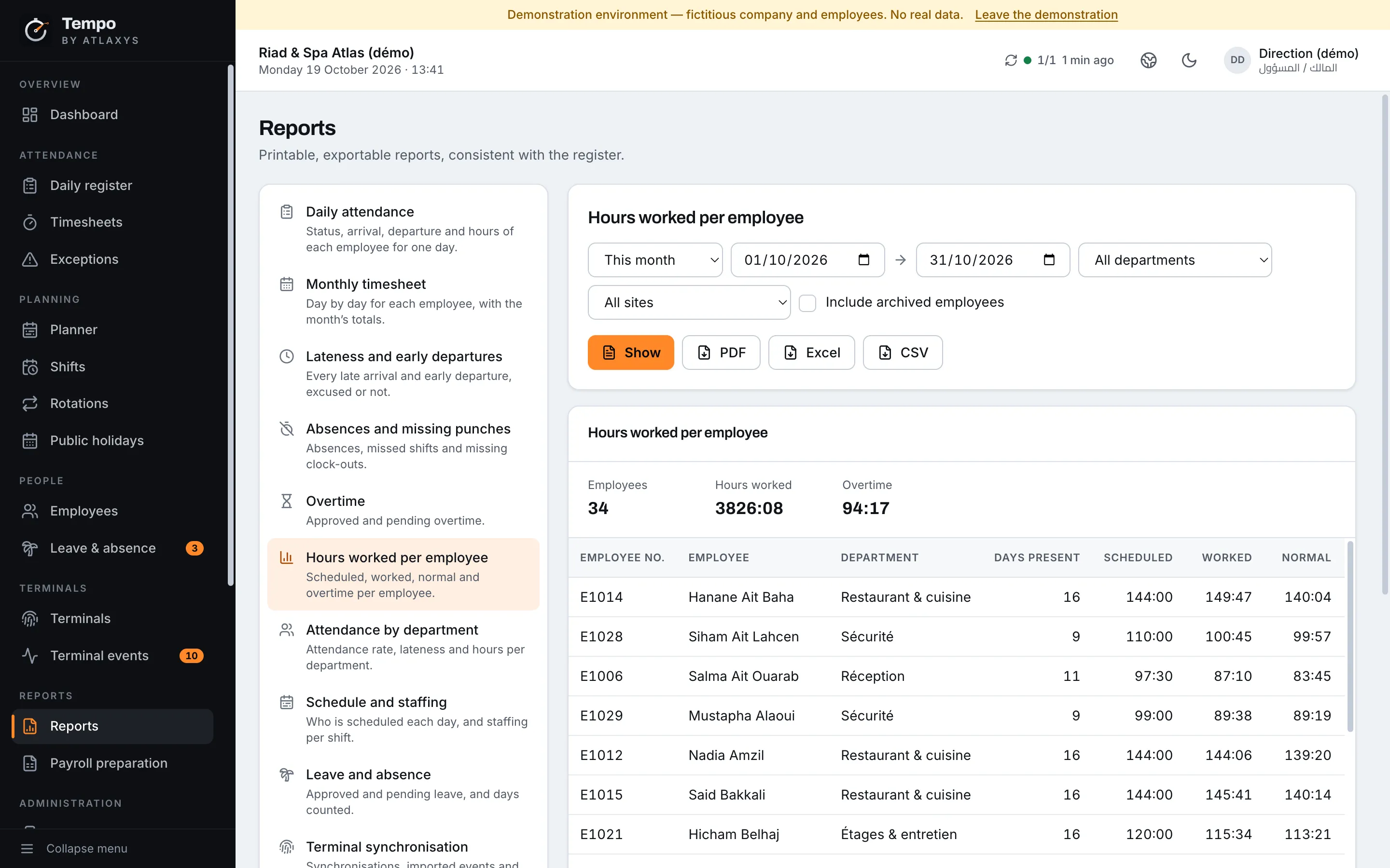 Attendance reports available as PDF, Excel and CSV